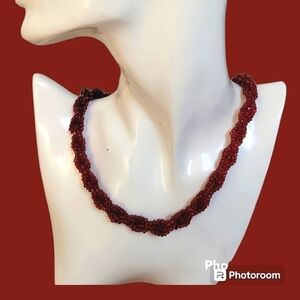 VTG Red Glass Beaded Twisted Braided Bayadere Necklace